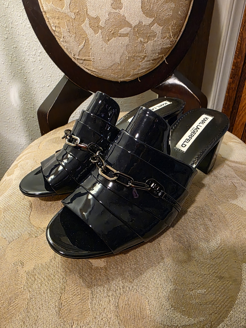 Karl Lagerfeld Black Patent Leather Chain-Trim Mule Heels